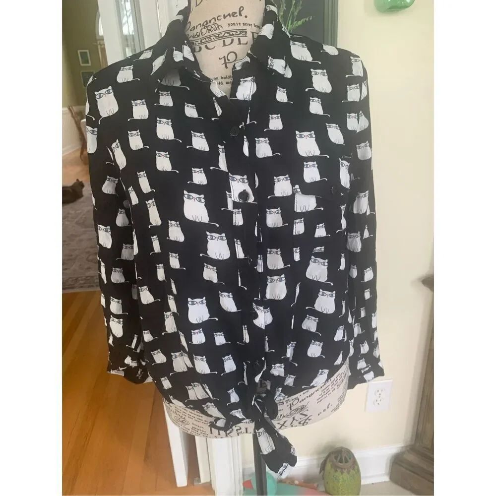 Love Notes Black Front Tie Cats Cat Lover Feline Blouse Shirt Top